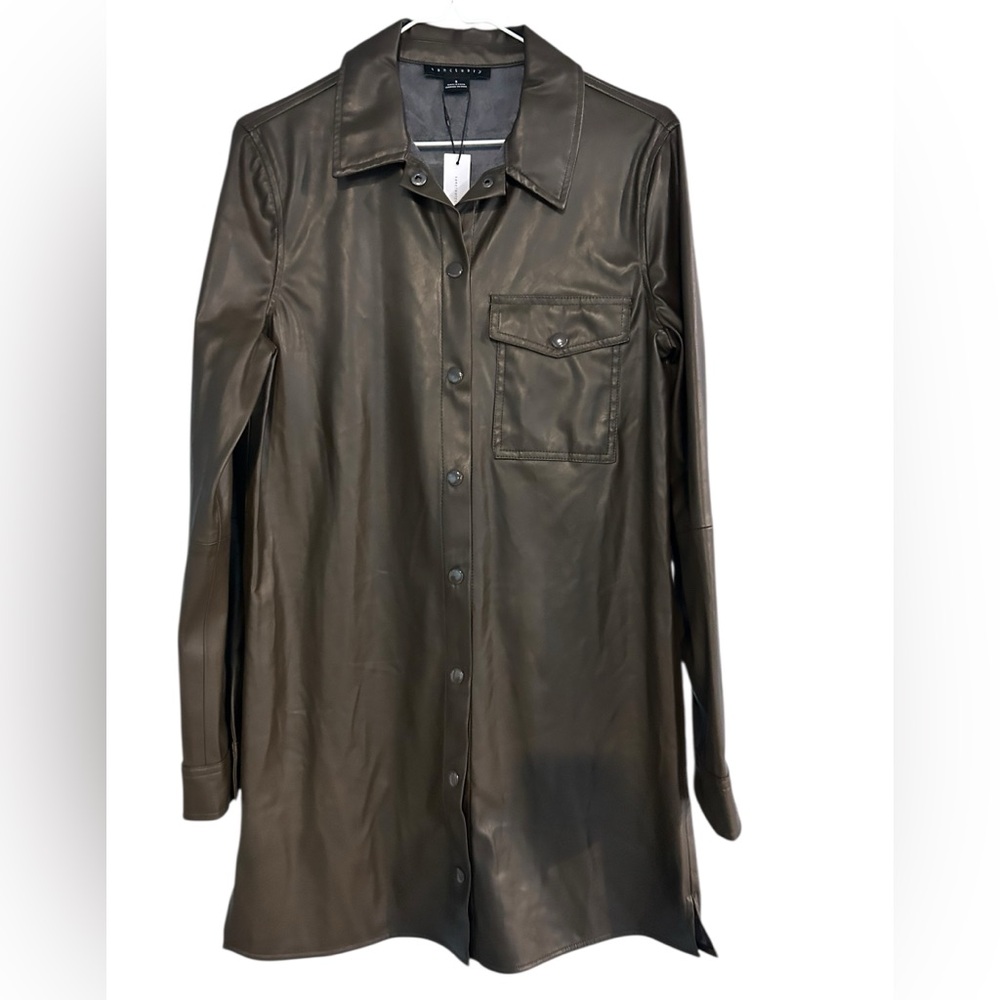 Sanctuary Faux Leather Button Front Shirt Dress Olive Green NWT Size Large